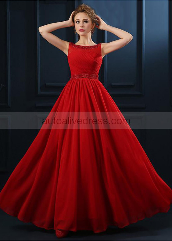 Beaded Red Ruched Chiffon Gorgeous Evening Dress